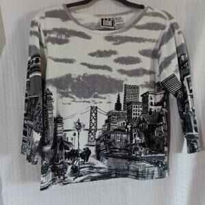 Take Two Clothing Vintage T-shirt City Scape Graphic Artsy Y2K LARGE 3/4 Sleeves